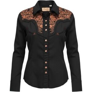 Scully Womens Western Shirt Black Copper Floral Embroidered Snap Front Cowgirl